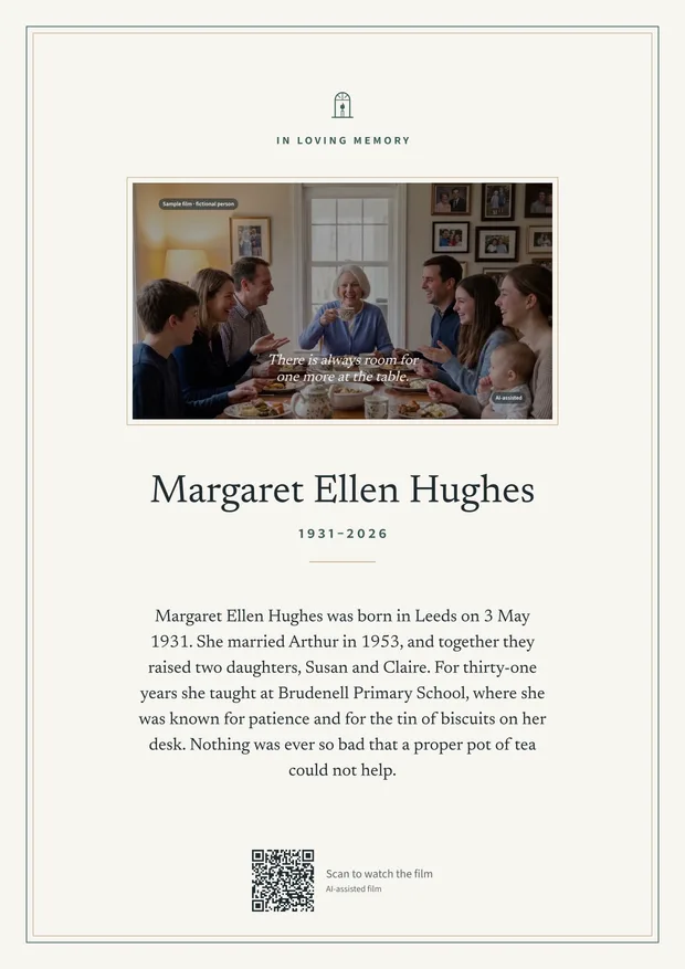 Eine Beispiel-Gedenkkarte für Margaret Ellen Hughes, eine erfundene Person: ein Familienfoto, ihr Name, die Lebensdaten, ein kurzer Lebenslauf und ein QR-Code.
