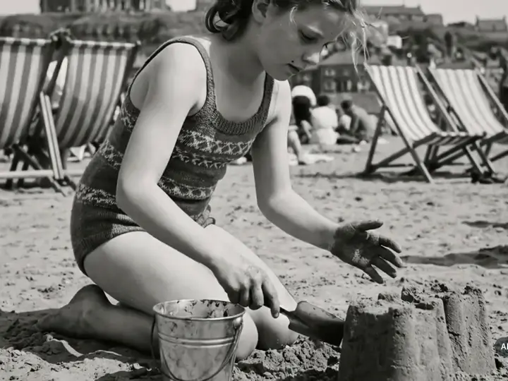 Schwarz-Weiß-Foto: ein Mädchen im gestrickten Badeanzug baut am Strand eine Sandburg, dahinter Liegestühle.